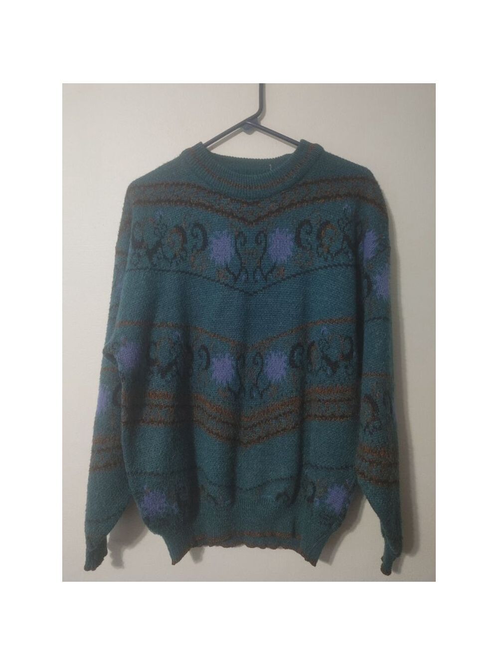 Women's(?) Vintage Adam Sloane Teal Brown Patterned Crew Neck Sweater L